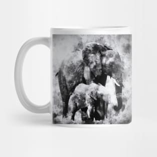 African Elephants with baby elephant calf - Black and White Watercolor Mug